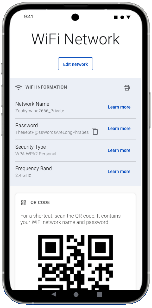 CenturyLink app WiFi network screen with QR code