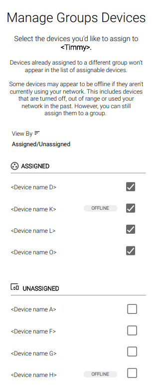 CenturyLink app screen Manage Groups Devices to assign devices to a group