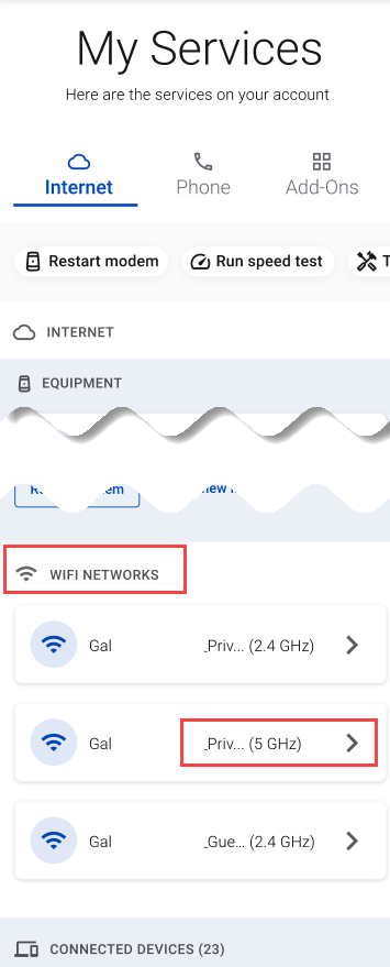 App "My Services" screen showing WiFi networks