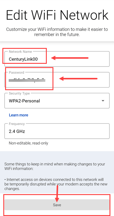 App Edit WiFi Network screen showing network name and password fields and "save" button