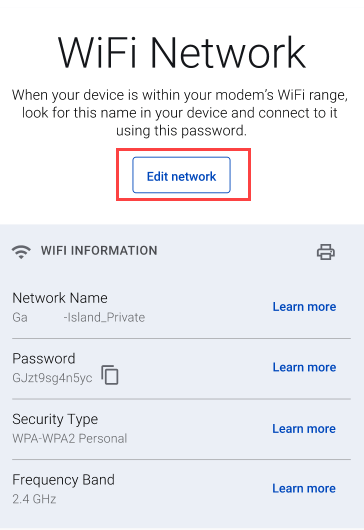 App WiFi Networks screen showing button to edit network