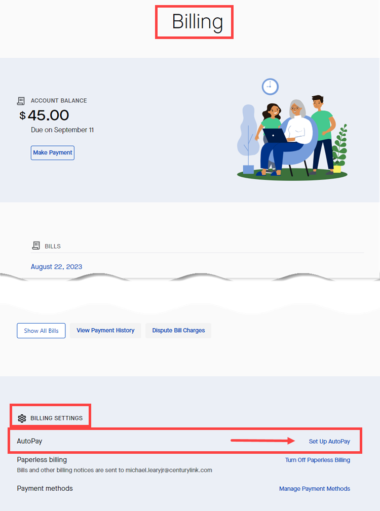 My CenturyLink Billing page with "set up AutoPay" circled