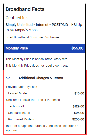 CenturyLink Broadband Internet Information Label, Additional charges and terms