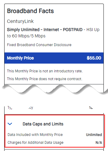 CenturyLink Broadband Internet Information Label, Data caps and limits