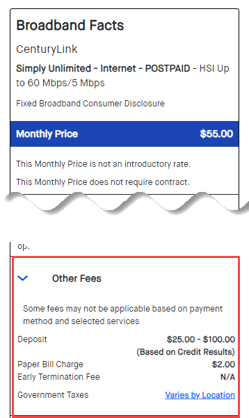 CenturyLink Broadband Internet Information Label, Other fees