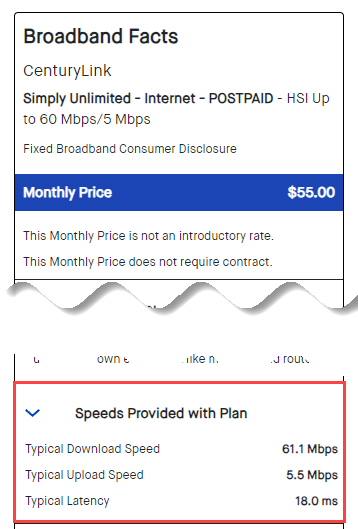 CenturyLink Broadband Internet Information Label, Speeds provided with plan