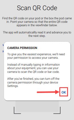 Step two registering a WiFi pod in the app - camera permission