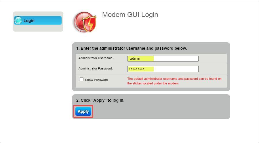 Captura de pantalla de la pantalla de inicio de sesión de la GUI del módem