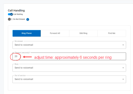 Connected Voice call handling settings seconds before timeout