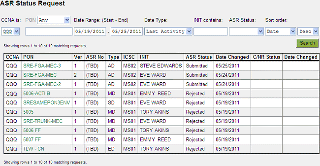 ASR Status Request search results